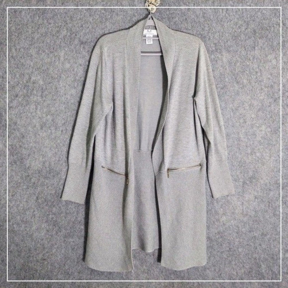 Magaschoni women Cardigan L Gray Open Front Shawl‎ Ribbed Knit Luxury Longline